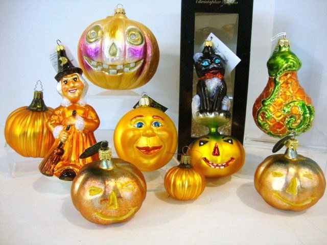 Radko Halloween Ornaments: Two Christopher Radko Halloween Ornaments , one in box, other ornaments, 9pcs.