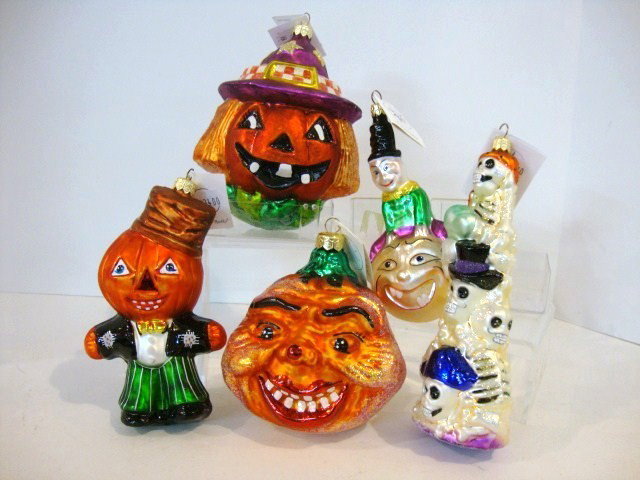 Radko Halloween Ornaments: Five Christopher Radko Halloween Ornaments, one in box, others all tagged , Jack-o-Lanterns, Witches, etc.