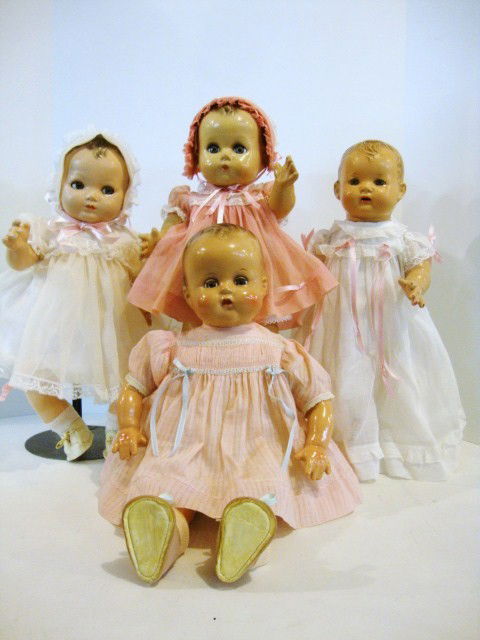 Effanbee Composition Dolls: Four composition Dolls 18" Effanbee Bright Eyes, baby Evelyn 16", with original white dresss, , Ideal 19" with original pink dress, unmarked toddler 19"