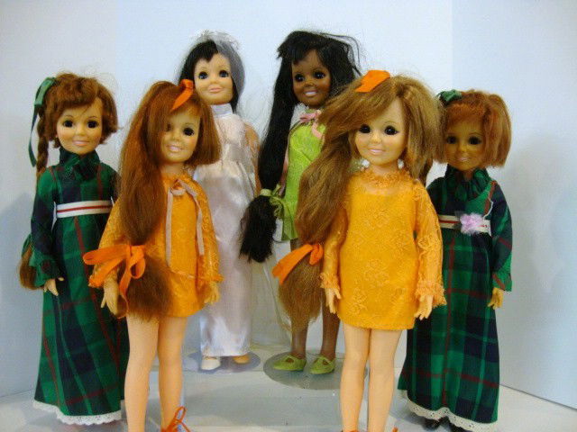 Ideal Chrissy Family: Five Chrissy Dolls in original clothing, one Ideal Tressy in Wedding Dress, rare.