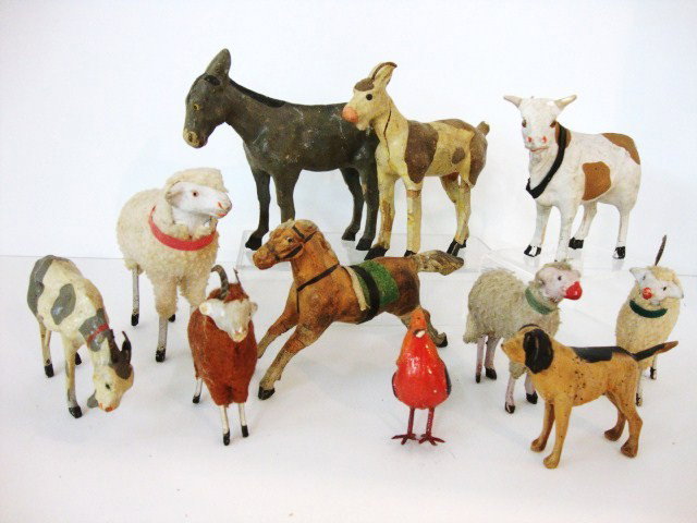 Early German Sheep & Paper Mache Animals: Wonderful collection of eleven German Sheep, cows, Game Bird, Donkey, horse, etc.