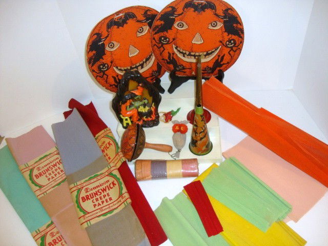 Vintage Halloween Decorations: Noisemaker. part of paper lantern, horns, witch candle (as is), old crepe paper, 7" largest 5 pieces