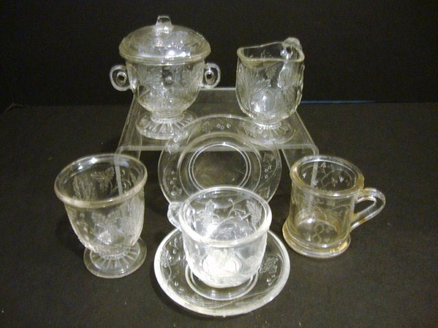 Child's Wee Branches Grouping: Wee Branches: seven pieces including creamer, covered sugar, spooner, cup & saucer, mug, plate, ABC covered butter dish, 3" H.