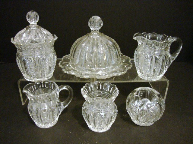 Child's D & M 42 Mardigras Table Set: Six Piece D & M 32 Mardigras Table Set Creamer, Covered Sugar, Spooner, Covered Butter, Rosebowl, Honey Jug 4.5" H.