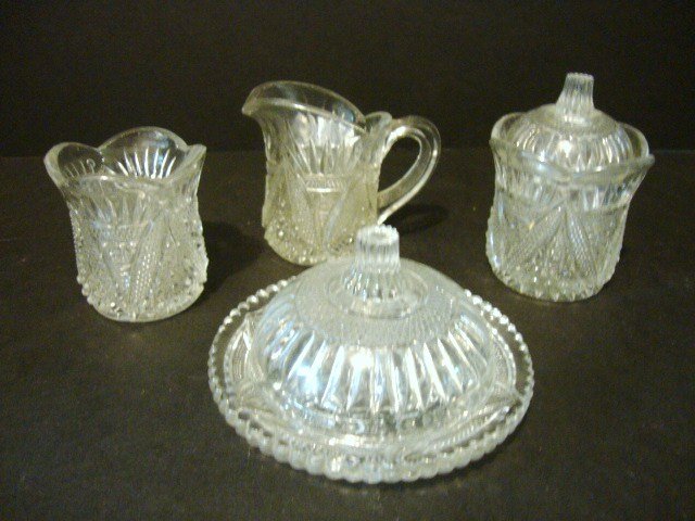 Child's Twin Snowshoes Table Set: Four Piece Twin Snowshoes - Sunbeam Table Set , Gas City Indiana: Creamer , Covered Sugar, Spooner, and Covered Butter 3 1/16" H.