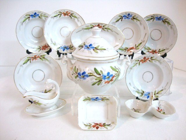 Child's Floral Soup Set: Eleven piece Floral Soup Set: Tureen, Six bowls, platter, casserole, Swan sauce Boat & condiment tray 3.75" H.