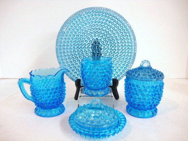 Childs Blue Hobnail Table Set: Five piece Blue Hobnail Table Set: tray, creamer, Covered Sugar, Spooner, Covered Butter 4" H.