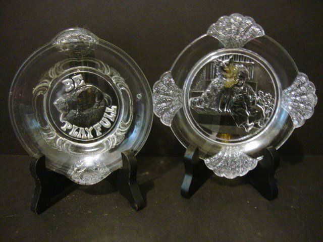 Child's Dog & Cat plates: Be Playful Cat Plate, and Dog Plate both in clear with decorative edges 5 7/8" (d).