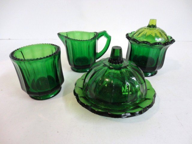 Child's Green Cambridge Table Set: Four piece Green Cambridge Colonial Table Set: Creamer, Covered Sugar, Covered Butter, Spooner 3/4" H.