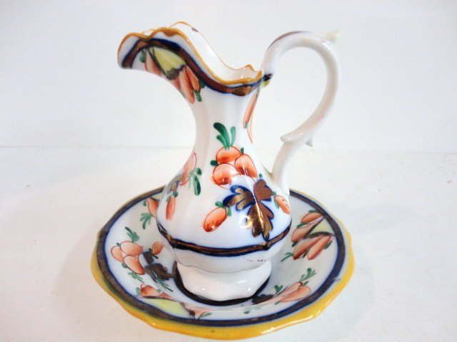 Child's Gaudy Ironstone Pitcher & Washbowl Set: Gaudy Ironstone Pitcher & Washbowl Set with great detail and finely formed pitcher 4.5" H.