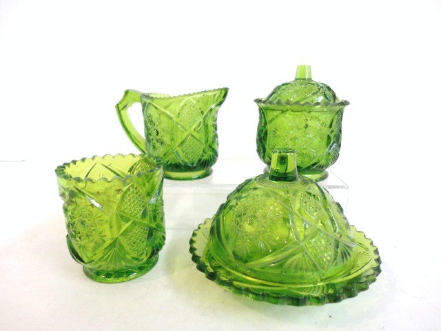Child's Cambridge Table Set: Four piece Cambridge Colonial Table Set in Green: Creamer, Covered Sugar, Covered Butter, Spooner 3" (t).