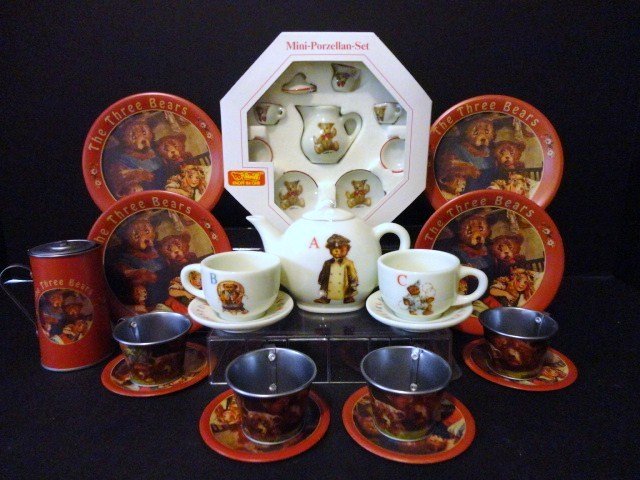 Child's Contemporary Bear Tea Sets: Large Grouping of Bear Tea Sets: Steiff Set in original box, Tin set, Porcelain Set 6" box