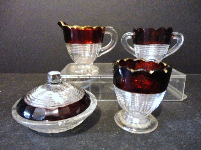 Child's Horizontal Threads Table Set: Four piece Table set with Horizontal Threads and Ruby Flashing: Creamer, Open Sugar, Covered Butter, Spooner, all fluted edges 2.25" H.
