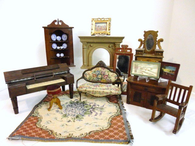 Vintage Homemade Furniture: A charming assortment of mostly homemade furniture including a square piano 7.25" L, 3.5" H, a sofa covered in antique petitpoint, mirror, fireplace, corner cupboard with blue and white china, Schneeg