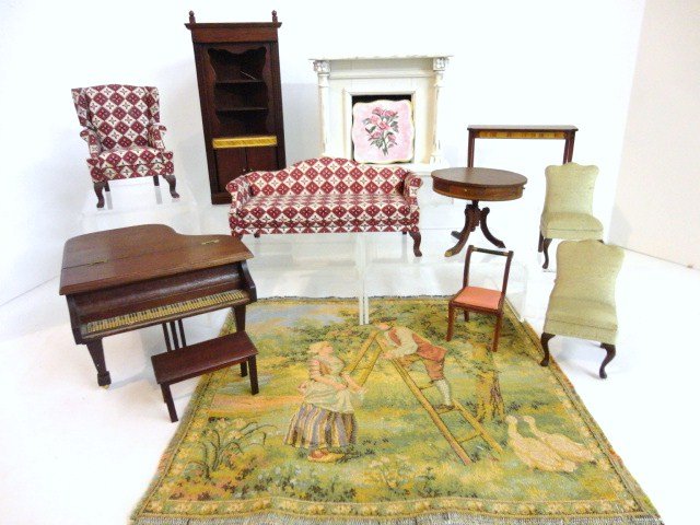 Lynnfield Parlor Furniture: Generous assortment of nice mahogany furniture made in Colombia including upholstered settee 6.5" L, 3" H with matching wing chair (glue stains on back), piano with bench, drum table (one leg broken),