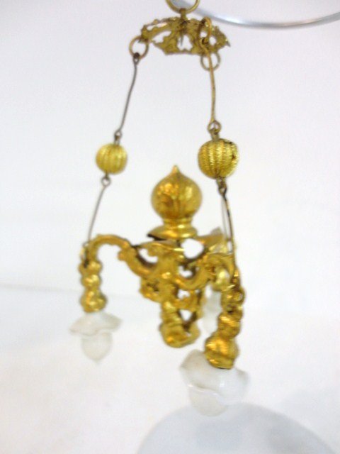 Antique Ormolu Chandelier: Ehrhard & Sohne three-arm chandelier with original glass bulbs and shades, missing linkage, 4" H.