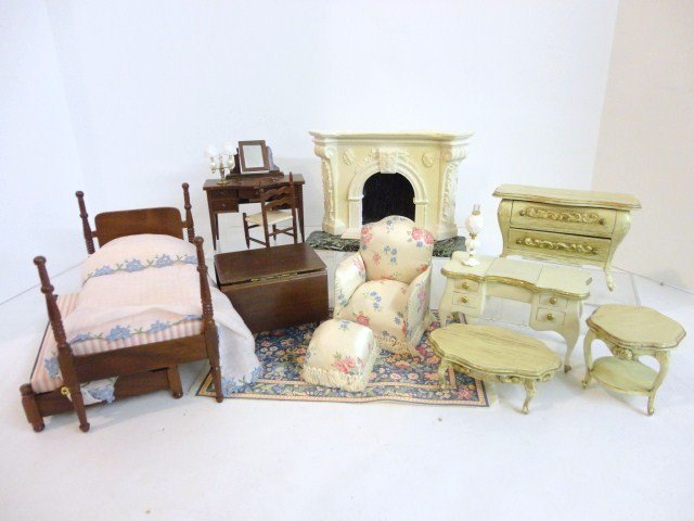 Sonia Messer French Provincial Furniture: Four pieces of painted walnut furniture including bombe' chest 3" H, 4.5" L, dressing table and two side tables. Also Sonia Messer four poster bed, table, chair and dressing table (blue-tack residue)