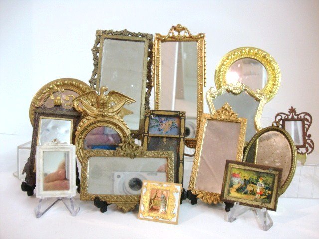 Tynietoy Mirror: A Tynietoy mirror with reverse glass painting 2.75" H (some loss) and other additional vintage and more recent mirrors.