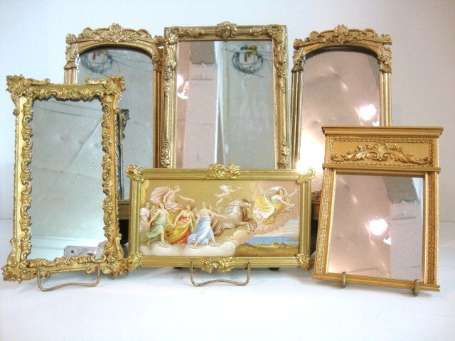 Larger Gilt Mirrors: Large gilt metal and composition mirrors, largest 7.5" H, 5" W and a large framed print (loose). Old and modern.