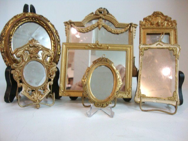 Ornate Gilt Mirrors: Small assortment of more recent vintage mirrors made to look old, largest 5" X 4.75" label T & S Cook, Brighton (Sue Cook).