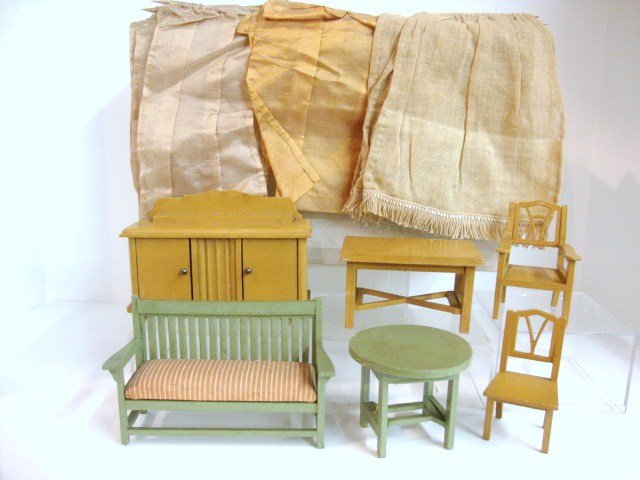 Gottschalk Dining Furniture: 1920's painted wooden dining table, two chairs and sideboard 5.5" L, 4" H and a painted settee and round table. Also an assortment of vintage curtains.