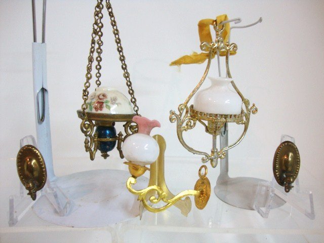 Antique Ormolu Wall Sconce: Erhard & Sohne ormolu wall sconce with pink ruffle globe, older painted metal chandelier with floral plastic shade 4" L, pair of older brass sconces and a reproduction chandelier.