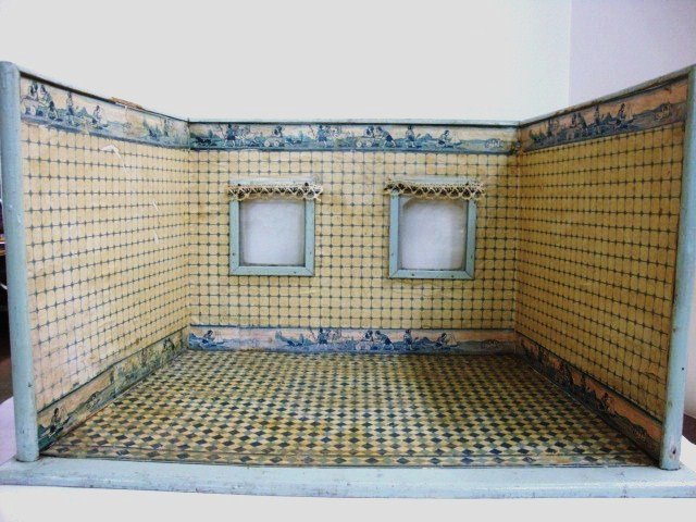 German Kitchen Room Box: Blue and White German Kitchen Room Box ca. 1910, 14 1/4 " H x 24" W x 17 " D. A very attractive kitchen ready to be furnished. There are original papers throughout with only minor signs of wear. The b