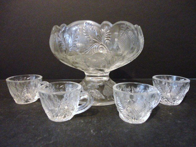 Child's Inverted Strawberry Punch Set: Five piece Inverted Strawberry Punch Set: Punchbowl, four handled cups 3 1/2" (t)