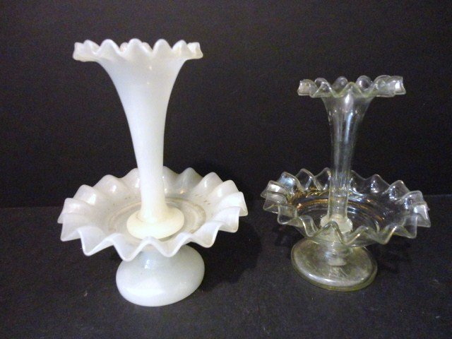 Child's Miniature Epergnes: Pair of Miniature Epergnes, one Clear, the other White 6 3/4" (t)