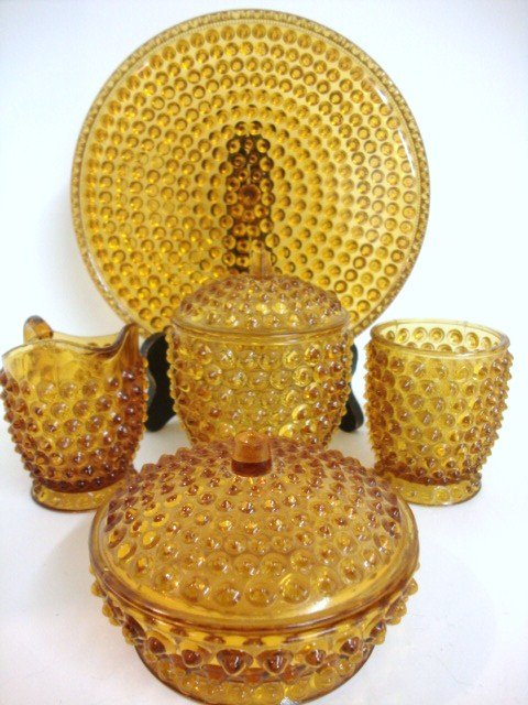 Child's Dewdrop Hobnail Table Set: Five piece Amber Hobnail Table Set with Tray, Creamer, Covered Sugar, Covered Butter, Spooner 4" (t)
