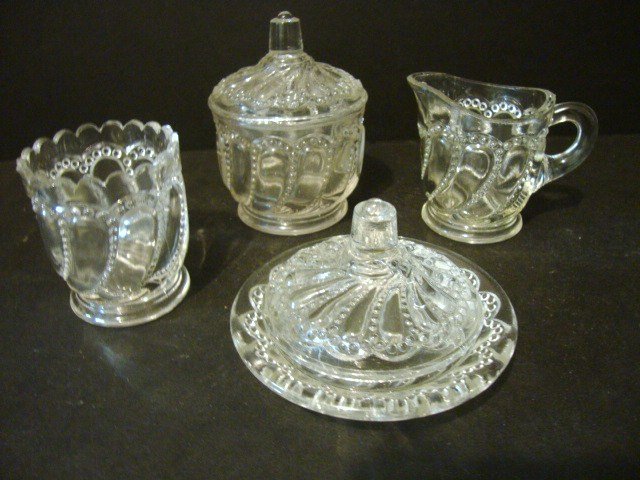 Child's Beaded Swirl Table Set: Four piece Beaded Swirl Table Set: Creamer, Covered Sugar, Covered Butter, Spooner 4" (t)