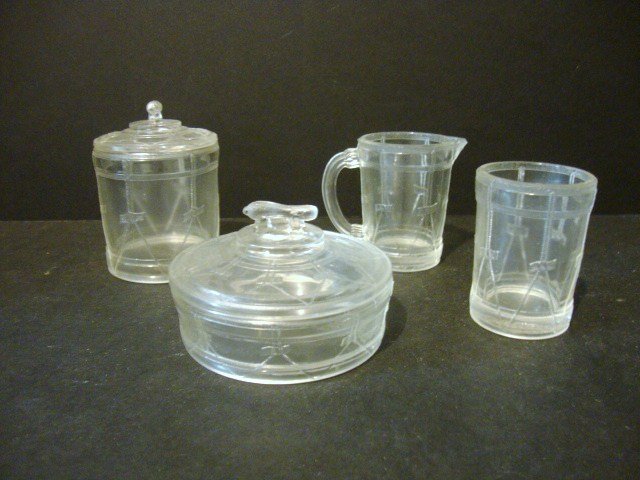 Child's Drum Table Set: Four piece Drum Table Set: Creamer, Covered Sugar, Covered Butter, Spooner 3 5/8" (t)