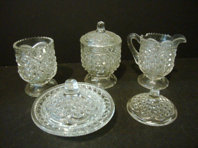 Child's Greentown Table Set: Five pieces, Child's Greentown Table Set: Creamer, Covered Sugar, Covered Butter, spooner, extra lid 3 7/8" (t).