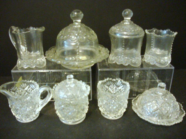 Child's Bead & Scroll Table Set: Grouping of Eight pieces: Bead and scroll Table set, creamer, covered sugar, covered butter and spooner, and additional pieces 4 1/8" (t)