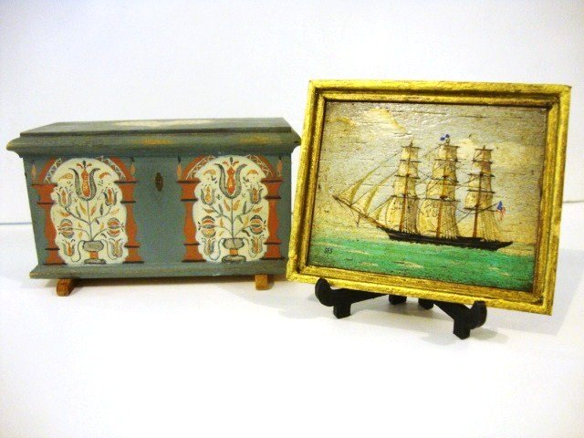 Linda Wexler Chest and George Schlosser Painting: A painted non-opening PA chest 2" H, 3.75" L with tulip motif hand-painted by Linda Wexler-Dube and an antiqued marine painting 2.5" X 3" by George Schlosser.