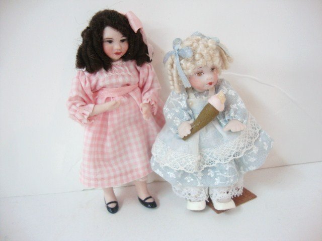 Artisan Children Dolls: Joan McLean little girl in pink 3.5" H and Tina Seldon Nickel toddler girl with ice cream cone 3" H.