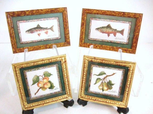 Amy Ramsey Walton Watercolors: A pair of charming framed watercolor paintings of pears and nectarines 1.75" X 1.75" by Amey Ramsey Walton and a pair of piscean prints by the same artist.
