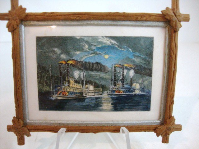 Marjorie Adams Watercolor: Currier and Ives' "Midnight Race on the Mississippi" copied in watercolor by Marjorie Adams in a hand-carved frame 2" X 3".