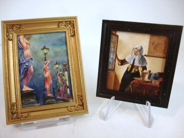 Leslie Smith Dutch Interior Painting: Vermeer's "Young Woman with a Water Jug" 2.25" X 2.5" painted by Leslie Smith. Also an oil on paper "Ladies of the Paris Opera" by F. Roger.