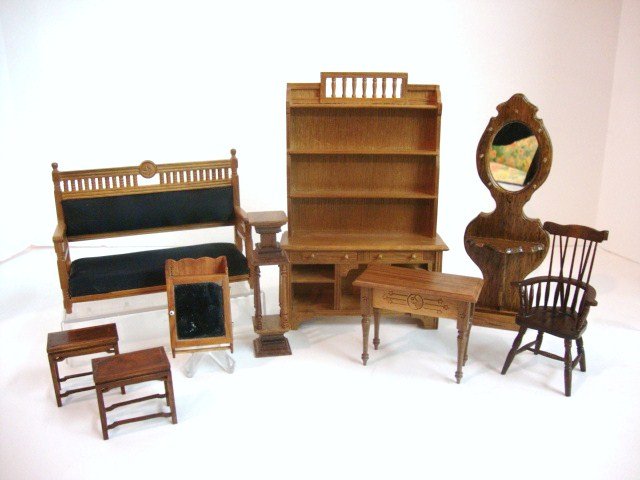 Miniature Mart Eastlake Furniture: Exclusive to the Miniature Mart, Eastlake open dresser 7" H and matching upholstered settee, a MM Windsor chair in original box, also a George Spencer Hall rack (missing one peg), Geoffrey Bishop carv