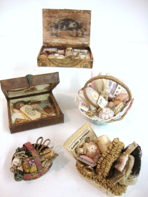 Lady's Needlework: Susan Harmon boxes and baskets of needlework supplies and tools, and box for a lady of letters.