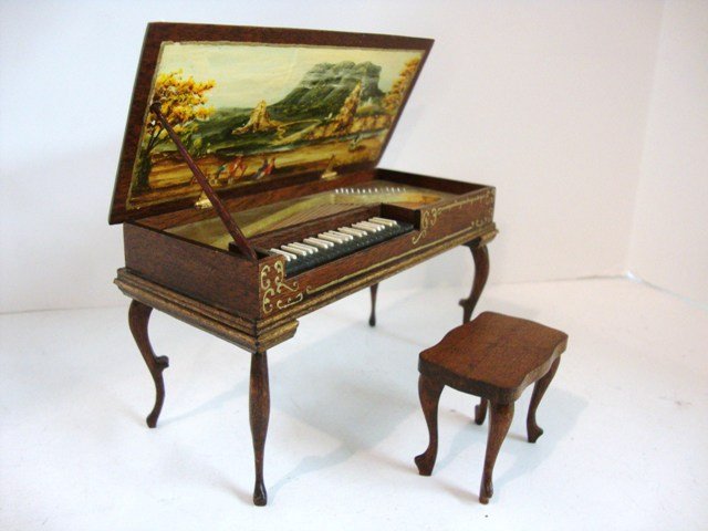 Partelow Spinet: An unusual Victorian mahogany spinet 5" L, 3" H with hand-painted interior rendered by Jonathan Partelow and a bench. A nice example of Ralph Partelow's work from 1994.