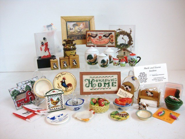 Country Kitchen Accessories: Large assortment of artisan kitchen accessories including a Carol Adams painted milk can 1.5" H, pictures, china, towel holder, box of recipe cards, pantry boxes, etc. Nice lot.