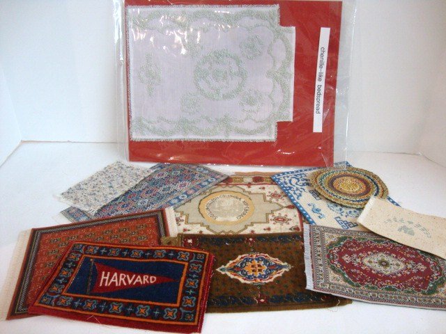 Assorted Rugs and Linens: Needlepoint Chinese rug 5" X 7" ex-Dykstra collection, and assorted printed and braided rugs. Also a hand-embroidered chenille-style bedspread.