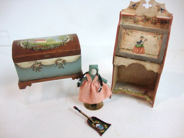 Folk Painted Furniture: A Larkin desk 4.5" H and a dome-lid chest 2.75" L, both crafted and beautifully painted by Colburn Country. Also a small painted coal shovel and an Amish doll.