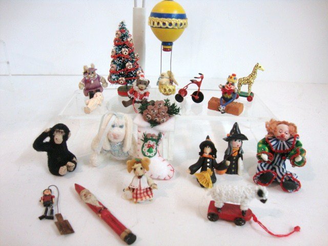 Animals and Toys: Assortment of circus toys, Christmas teddies and Halloween witches. Xmas tree 2" H.