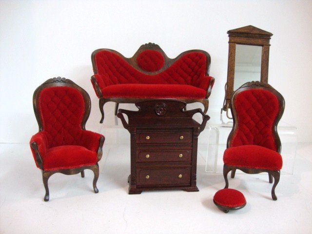 Victorian Furniture: An upholstered Belter-style parlor suite by M.M. Allen comprising a settee 6" L, 4" H, and matching chairs, plus an X-acto washstand and a classical wall mirror.