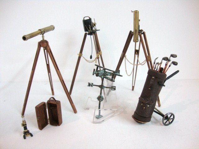 Nantasy Fantasy Hobbies: Indulge your hobby with Nantasy Fantasy golf club bag on wheels 3.5" L with clubs, superb microscope in wooden case, old-fashioned camera on tripod with great detail, telescope on tripod and another t
