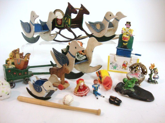 Shoofly Rockers and Nursery Toys: Four shoofly rockers including one approx. 2" H with a delicately woven seat and back signed "JD '79", three duck rockers signed ASB, a Winnie the Pooh toy chest by Jane Ober, and a generous assortmen