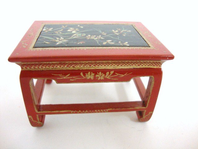 Natasha Beshenkovsky Chinese Table: Beautifully lacquered Chinese table by Natasha measuring 2.25" L, 1.5" H and 1" D. Signed and dated 1980.